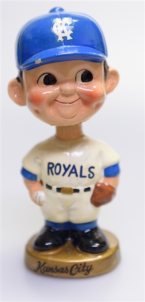 Late 1960s Kansas City Royals Gold Circle Base Boy Head Bobble Head w. Original Box