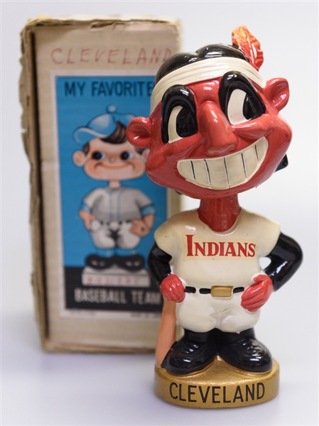 1970s Cleveland Indian Gold Circle Base Mascot Head Wahoo w. Original Box