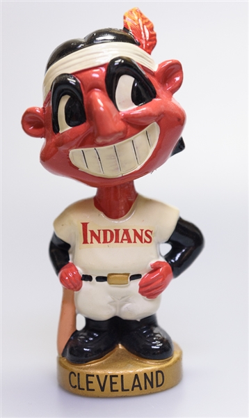 1970s Cleveland Indian Gold Circle Base Mascot Head Wahoo w. Original Box