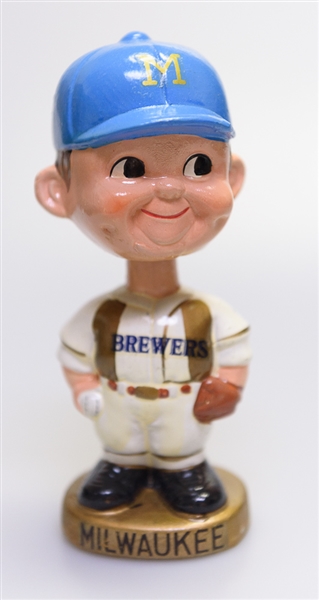 1970s Milwaukee Brewers Gold Circle Base Boy Head Bobble Head w. Original Box