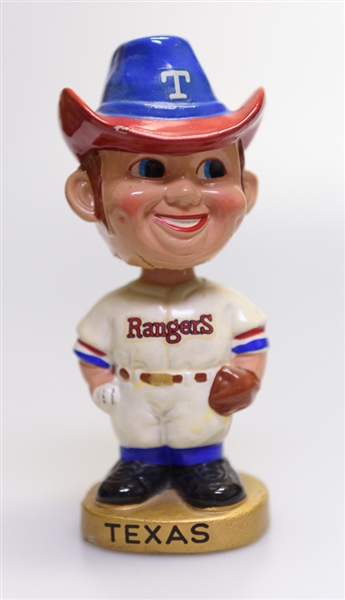 1970s Texas Rangers Gold Circle Base Mascot Cowboy Head Bobble Head 