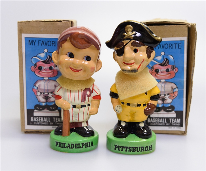 Lot of (2) Bobble Heads - 1980s Philadelphia Phillies Green Circle Base Boy Head & 1980s Pittsburgh Pirates Green Circle Base Pirate Mascot Head