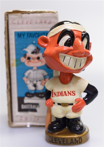 1970s Cleveland Indian Gold Circle Base Mascot Head Wahoo w. Original Box