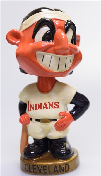 1970s Cleveland Indian Gold Circle Base Mascot Head Wahoo w. Original Box