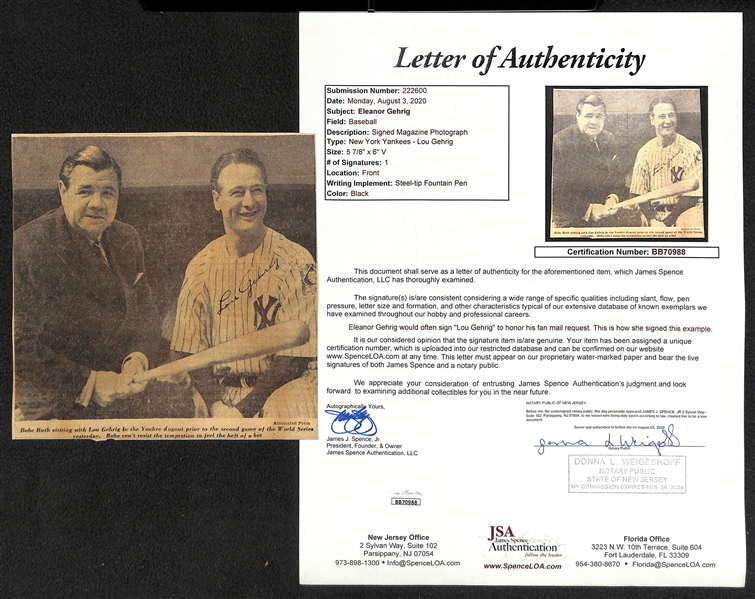 Eleanor Gehrig Penned Lou Gehrig Newspaper Clip Showing Lou & Babe Ruth (JSA LOA Indicates Mrs. Gehrig Signed Lou's Name)