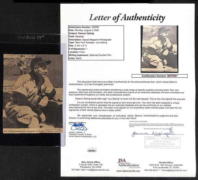 Eleanor Gehrig Penned Lou Gehrig Newspaper Clip Showing Lou in the Dugout (JSA LOA Indicates Mrs. Gehrig Signed Lou's Name)