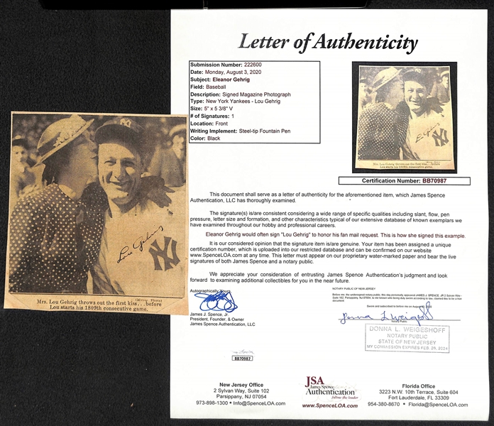 Eleanor Gehrig Penned Lou Gehrig Newspaper Clip Showing Lou & Elanor (JSA LOA Indicates Mrs. Gehrig Signed Lou's Name)