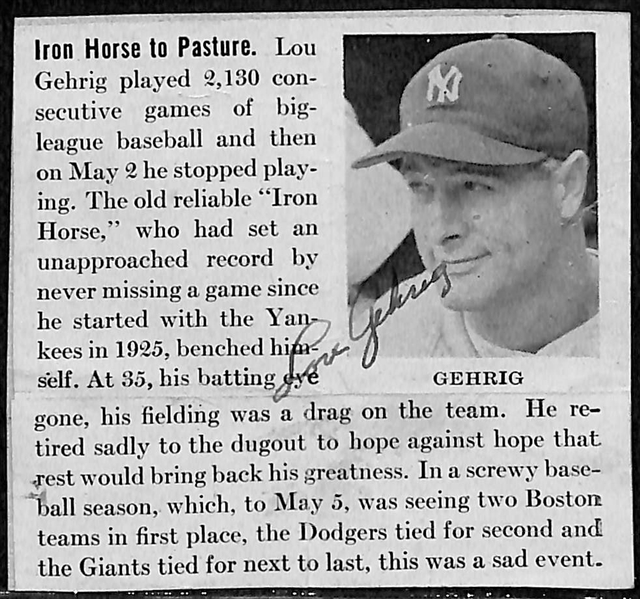 Eleanor Gehrig Penned Lou Gehrig Newspaper Or Magazine Clip (JSA LOA Indicates Mrs. Gehrig Signed Lou's Name)