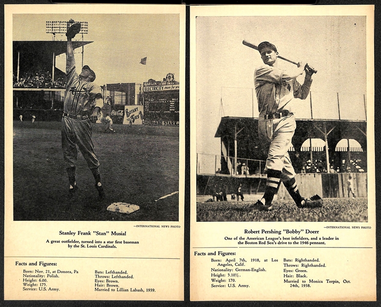 Lot of (22) 1946-49 W603 Sports Exchange Cards - Ted Williams, Greenberg, Musial, Doerr, Feller, Boudreau, +( All Trimmed at Borders to 6.5x9)  