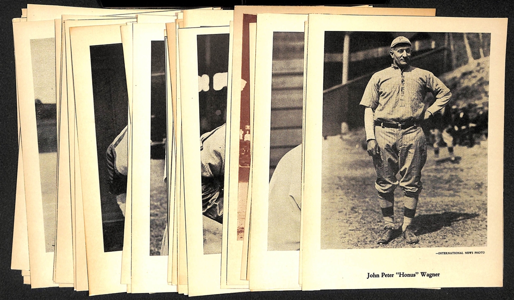 Lot of (45) 1946-49 W603 Sports Exchange Cards - Honus Wagner, J. Foxx, Frisch, Hornsby, Spahn, Mize, Hubbell, +( All Trimmed to Approx. 6x8)  