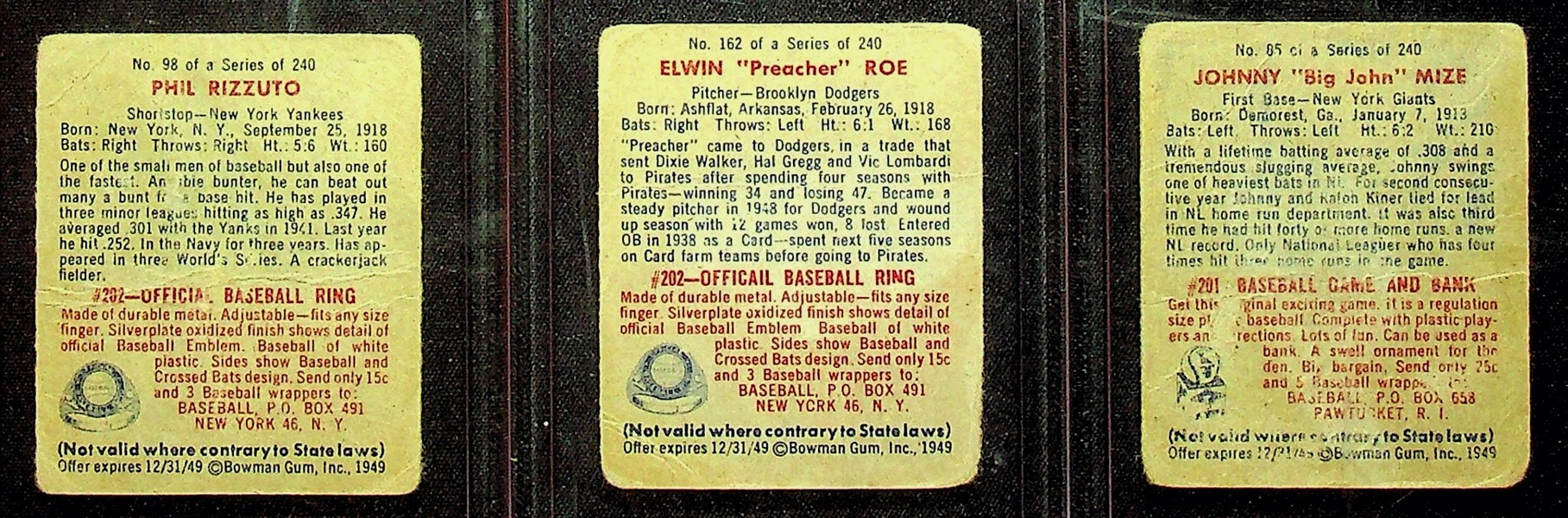 1949 Bowman Lot (3) Phil Rizzuto (No Name on Front), Preacher Roe, Johnny Mize (No Name on Front)
