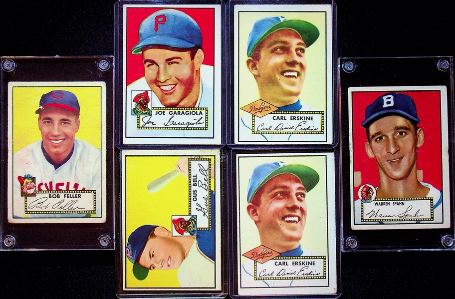 1952 Topps Lot (6) - Bob Feller,  Warren Spahn. (2) Carl Erskine, Joe Garagiola, Gus Bell