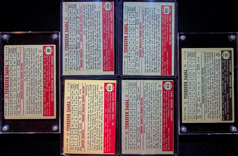 1952 Topps Lot (6) - Bob Feller,  Warren Spahn. (2) Carl Erskine, Joe Garagiola, Gus Bell