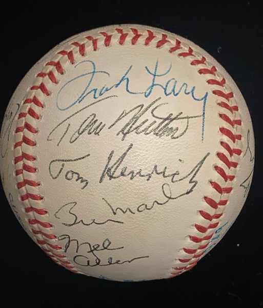 Baseball Old Timers Signed OAL Baseball (13 Signatures) w. Mantle, B. Marting, Catfish Hunter, Joe Garagiola, Mel Allen, + JSA Auction Letter