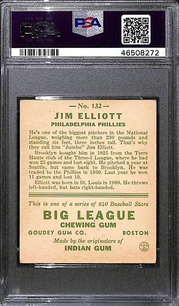 1933 Goudey Jim Elliott #132 PSA 4 (Autograph Grade 5) - Only 4 PSA/DNA Exist w. Only 1 Graded Higher! (d. 1956)