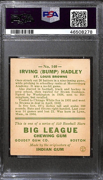 1933 Goudey Bump Hadley #140 PSA 2.5 (Autograph Grade 8) - Pop 1 - Highest Grade of Only 7 PSA Examples - (d. 1963)