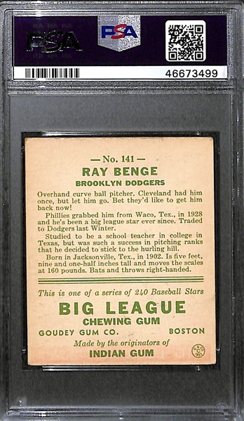 1933 Goudey Ray Benge #141 PSA 4 (Autograph Grade 8) - Pop 1 - Highest Grade of Only 12 PSA Examples - (d. 1997)
