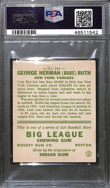 1933 Goudey Babe Ruth #144 PSA 4 (Autograph Grade 6) - Pop 2 - Highest Grade of Only 6 PSA Examples - (d. 1948) - Includes JSA LOA