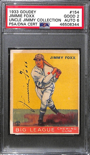 1933 Goudey Jimmie Foxx #154 PSA 2 (Autograph Grade 6) - Only 5 PSA/DNA Exist w. Only 3 Graded Higher! (d. 1967)