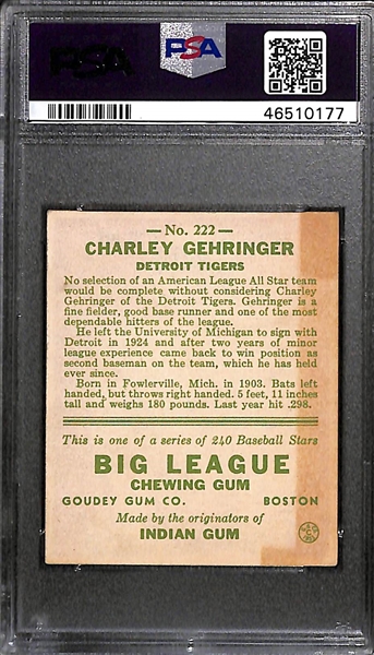1933 Goudey Charlie Gehringer #222 PSA 4 (Autograph Grade 7) - Only 19 PSA/DNA Exist w. Only 1 Graded Higher! (d. 1993)