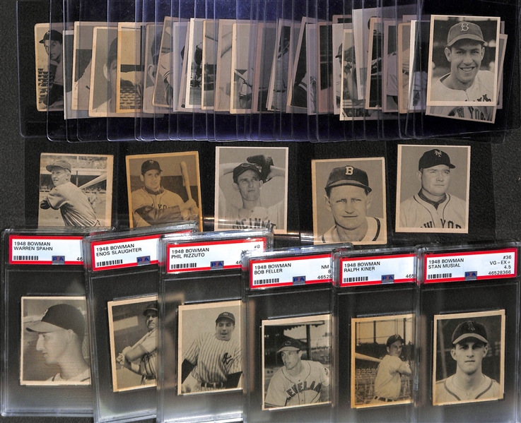 1948 Bowman Near Complete Set (44 of 48 cards) w. Stan Musial Rookie PSA 4.5, Kiner PSA 7.5, Feller PSA 8(OC), Rizutto PSA 4, Slaughter PSA 6, Spahn PSA 4