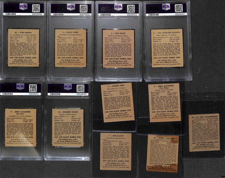 1948 Bowman Near Complete Set (44 of 48 cards) w. Stan Musial Rookie PSA 4.5, Kiner PSA 7.5, Feller PSA 8(OC), Rizutto PSA 4, Slaughter PSA 6, Spahn PSA 4