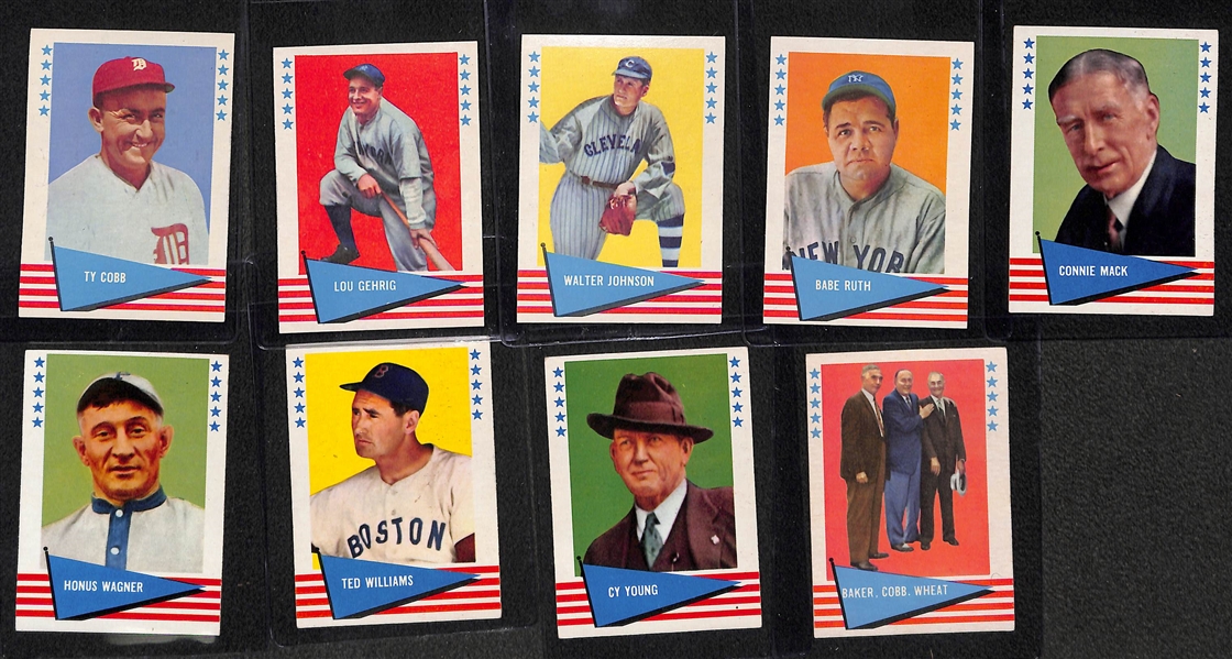 1961 Fleer Baseball Greats Near Complete Set (153 of 154 cards  - only missing #54 Tony Lazzeri), Includes Ruth, Cobb, Gehrig, Williams - Many Pack Fresh Cards