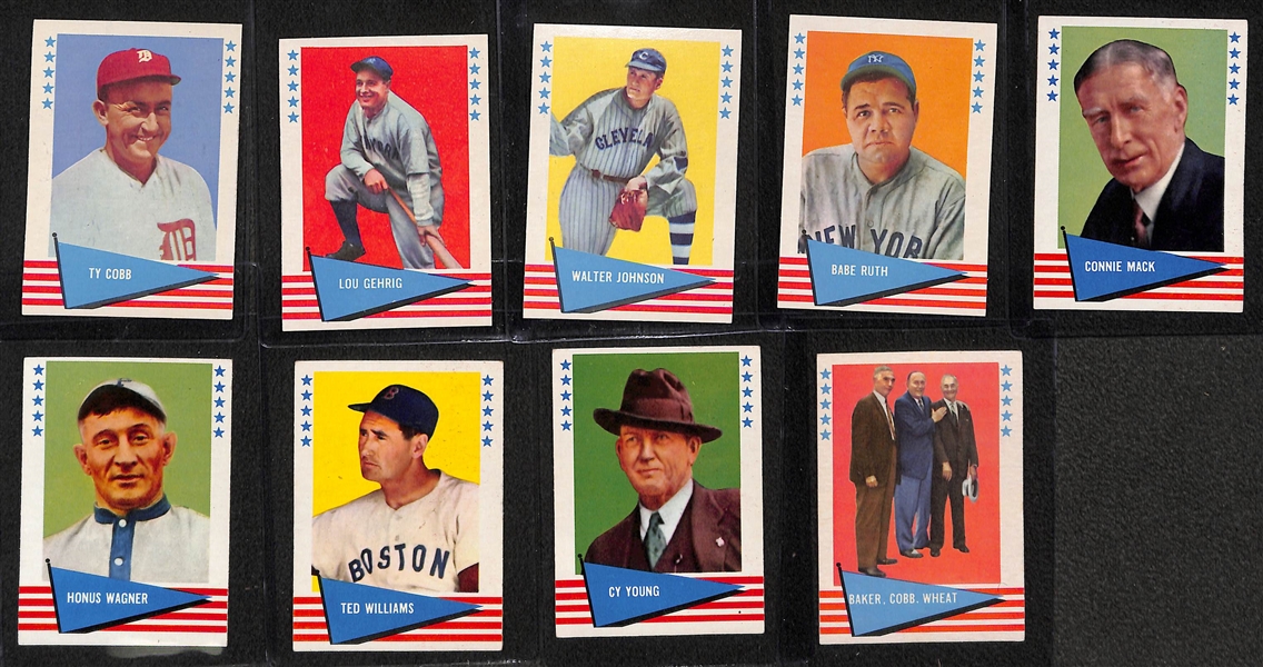 1961 Fleer Baseball Greats Near Complete Set (153 of 154 cards  - only missing #54 Tony Lazzeri), Includes Ruth, Cobb, Gehrig, Williams - Many Pack Fresh Cards