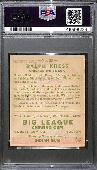 1933 Goudey Ralph Red Kress #33 PSA 5 (Autograph Grade 5) - Pop 1 - Highest Grade of Only 4 PSA Examples - (d. 1962)