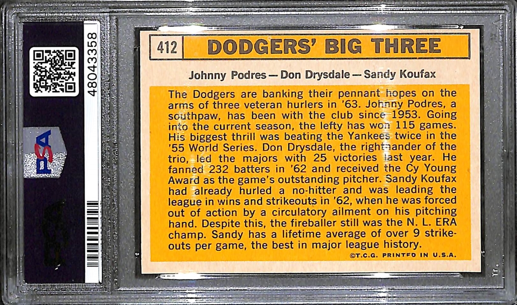 1963 Topps Dodger's Big Three (Koufax, Drysdale, Podres) #412 Graded PSA 8.5