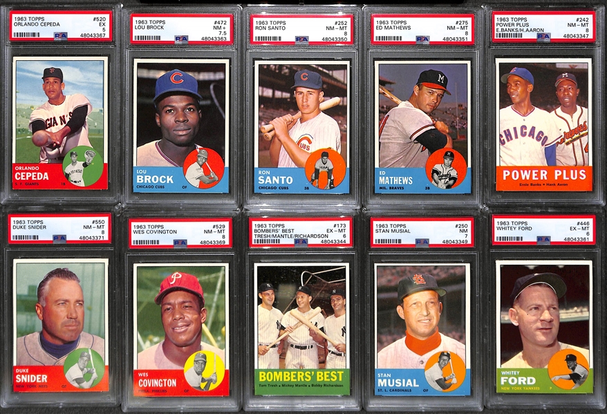 1963 Topps Baseball Card Near Complete Set (Mostly Pack Fresh!)  Missing Only 10 Cards Listed Above - Includes 23 PSA Graded Cards