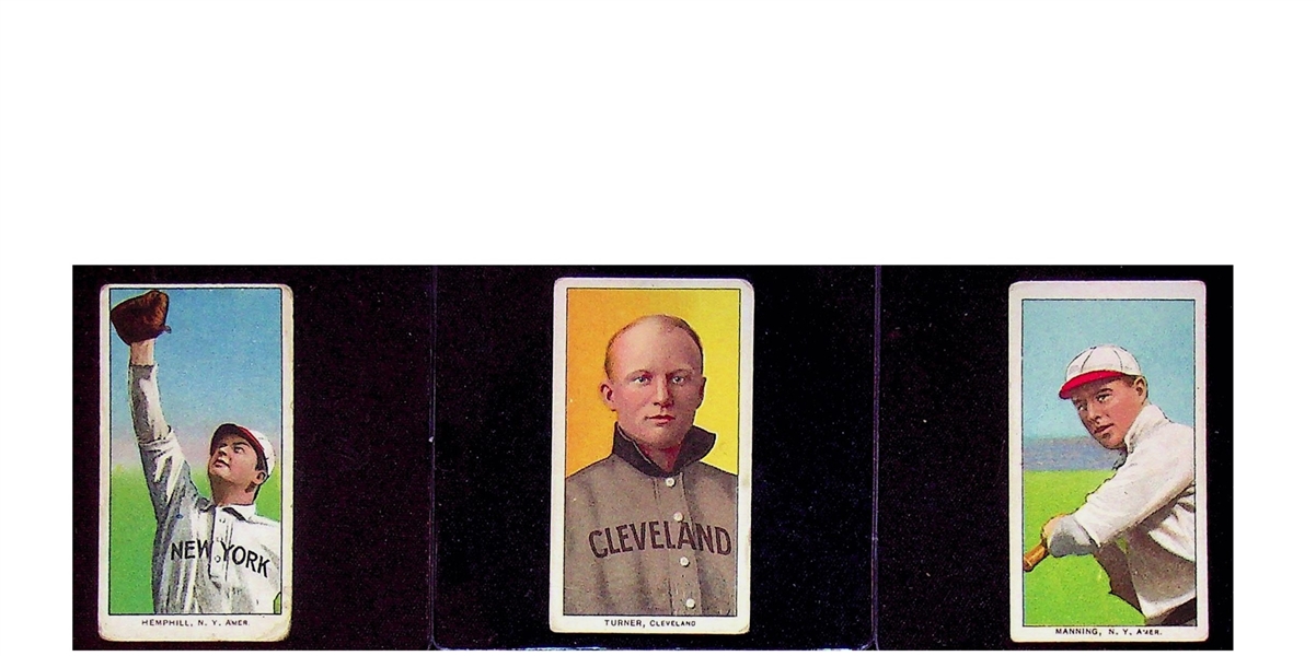 Lot of (3) 1909-11 T206 Tobacco Cards w. (2) Yankees (Rube Manning Batting and Charlie Hemphill) and (1) Cleveland Indian (Terry Turner)