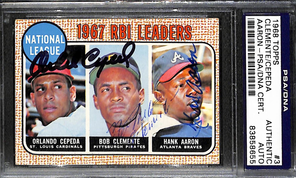 1968 Topps RBI Leaders Card Signed By Roberto Clemente, Hank Aaron, and Orlando Cepeda (PSA/DNA Slabbed) (Card #3) - 3 HOF Autographs!