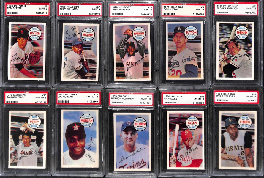(10) 1970 Kellogg's 3-D Cards (All PSA 9 or PSA 8) - Seaver, B. Williams, Marichal, Sutton, B. Robinson, Killebrew, Stargell, +