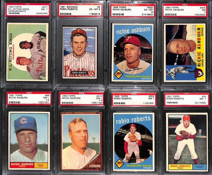 8-Card Richie Ashburn and Robin Roberts Graded Cards w. 1959 Ashburn/Mays PSA 7 and 1951 Bowman Roberts PSA 6
