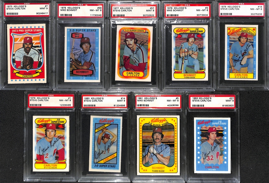 (9) Mike Schmidt and Steve Carlton Graded Kellogg's Cards w. 1975 Schmidt PSA 8 and 1973 Carlton PSA 9