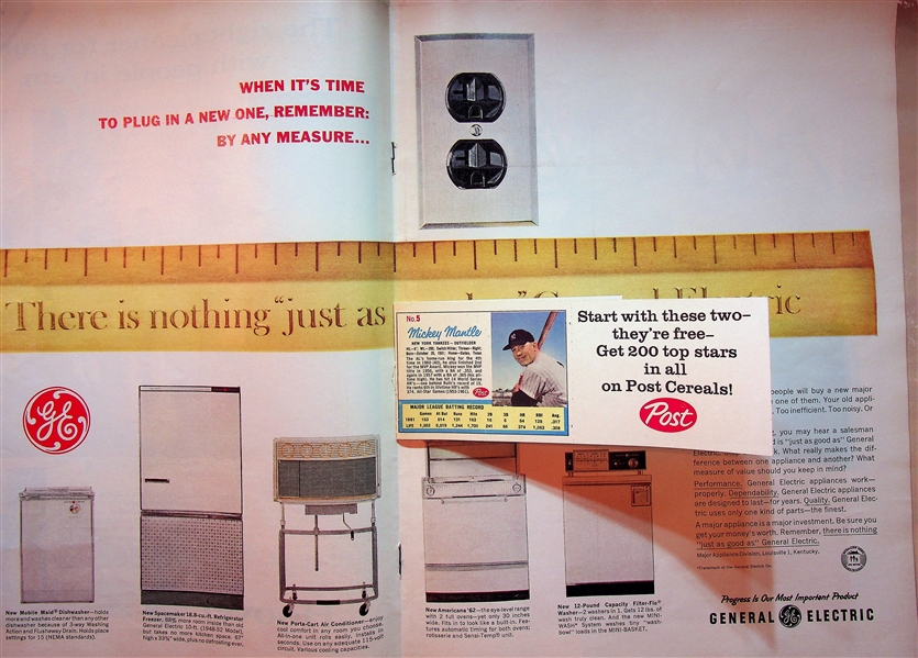 1962 Life Magazine Featuring Post Cereal Cards of Mantle & Maris Still Attached in Publication