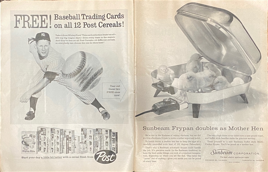 1962 Life Magazine Featuring Post Cereal Cards of Mantle & Maris Still Attached in Publication