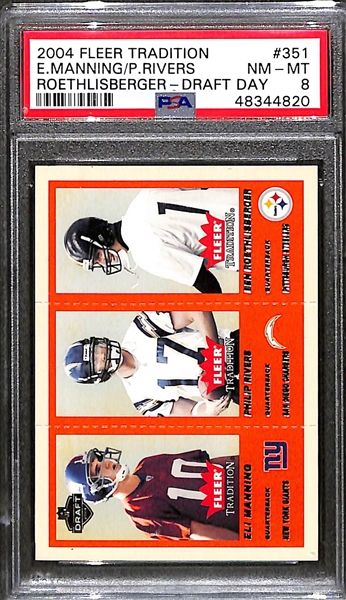 2004 Fleer Tradition Eli Manning/Philip Rivers/Ben Roethliserger Draft Day Gold Rookie Card #351 PSA 8 (#ed/375)