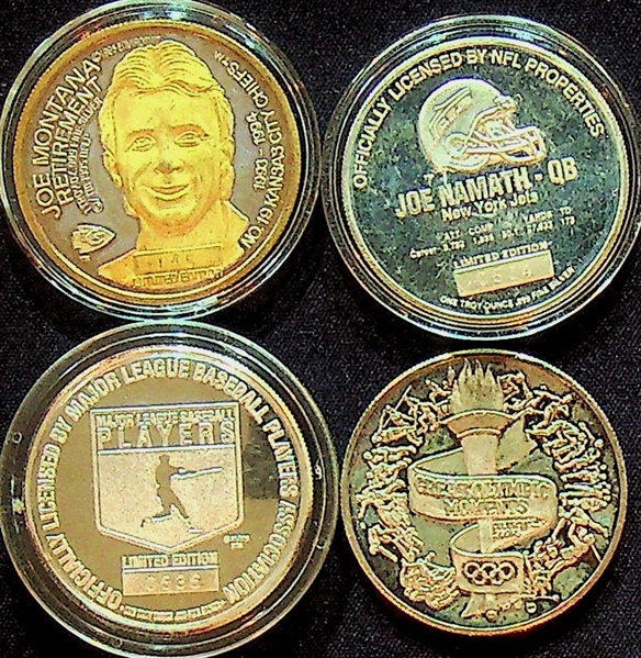 Lot of 4 - Sports Silver Coins - 1 Troy Oz .999 Silver Each - Roger Clemens, Jim Thorpe, Joe Montana, Joe Namath