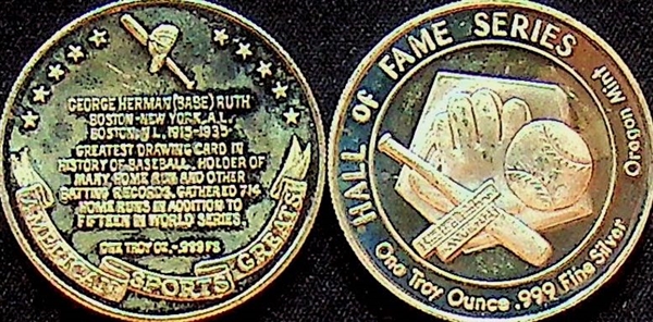 Lot of 2 - Babe Ruth Silver Coins - 1 Troy Oz .999 Silver Each
