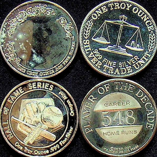 Lot of 4 - Baseball Greats Silver Coins - 1 Troy Oz .999 Silver Each - Pete Rose, Whitey Ford, Mike Schmidt, Bob Feller