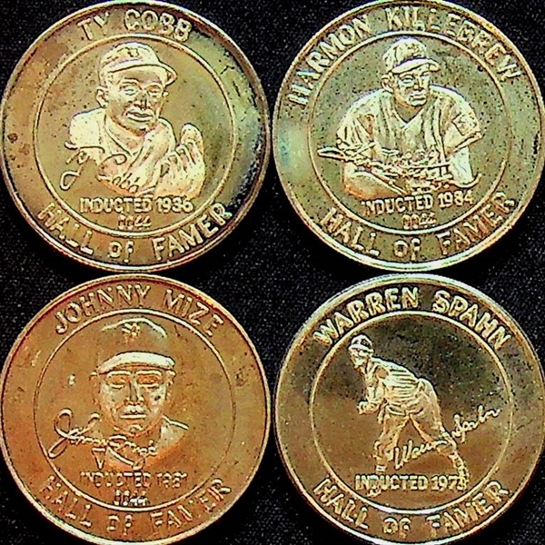 Lot of 4 - Baseball Greats Silver Coins - 1 Troy Oz .999 Silver Each - Johnny Mize, Warren Spahn, Harmon Killebrew, Ty Cobb