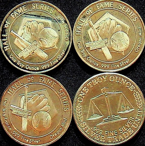 Lot of 4 - Baseball Greats Silver Coins - 1 Troy Oz .999 Silver Each - Johnny Mize, Warren Spahn, Harmon Killebrew, Ty Cobb