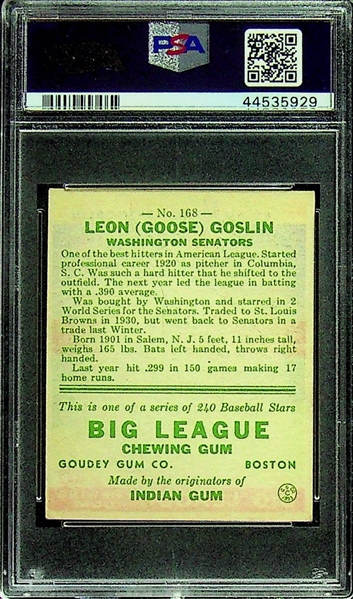 1933 Goudey Goose Goslin #168 PSA 2.5