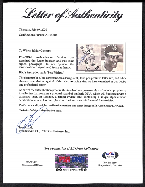 1960s Roger Staubach and Paul Blair Dual-Signed Image (PSA/DNA Letter)