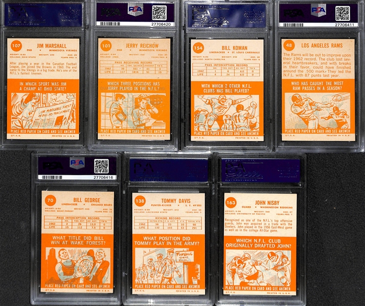 Lot of 7 - 1963 Topps PSA Graded Football Cards w. Jim Marshall Rookie Card PSA 8
