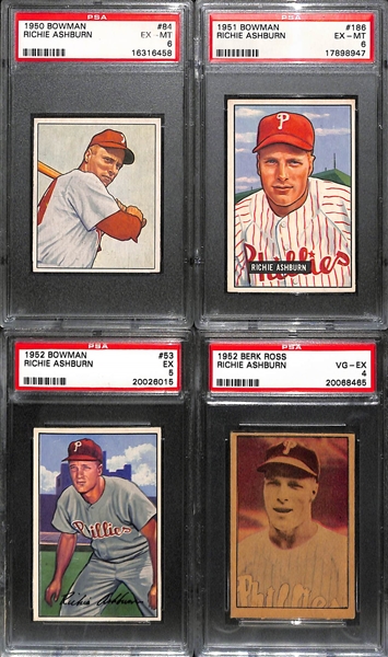 Richie Ashburn Graded Lot - 1950 Bowman PSA 6, 1951 Bowman PSA 6, 1952 Bowman PSA 5, 1952 Berk Ross PSA 4 