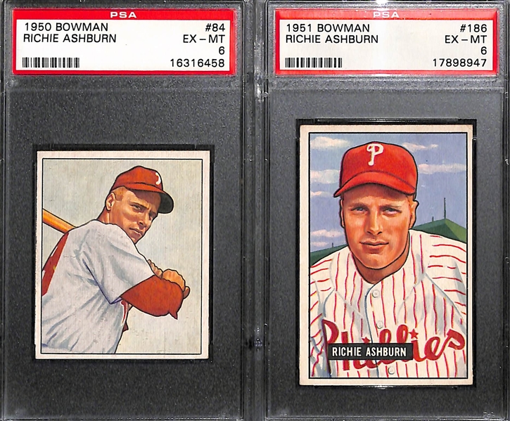 Richie Ashburn Graded Lot - 1950 Bowman PSA 6, 1951 Bowman PSA 6, 1952 Bowman PSA 5, 1952 Berk Ross PSA 4 