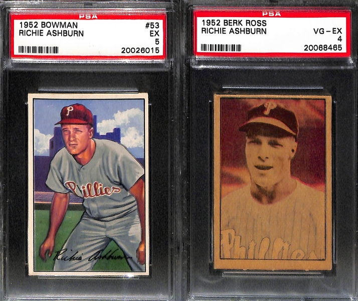 Richie Ashburn Graded Lot - 1950 Bowman PSA 6, 1951 Bowman PSA 6, 1952 Bowman PSA 5, 1952 Berk Ross PSA 4 